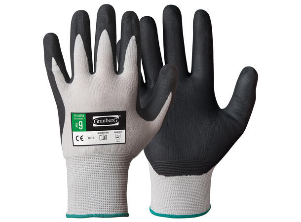 Granberg Monteringshanske Nitril Str. 9 nylon/PU/nitril, svart/grå, 15g